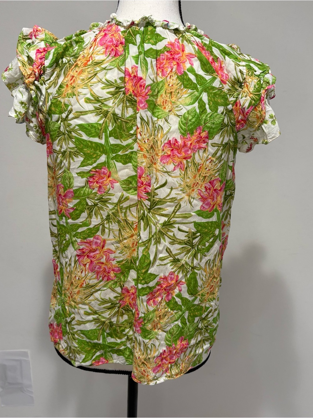 Rose + Olive Floral Blouse Top Small Boho Peasant Tassel Tie Neck Ruffle Sleeve - Picture 6 of 10